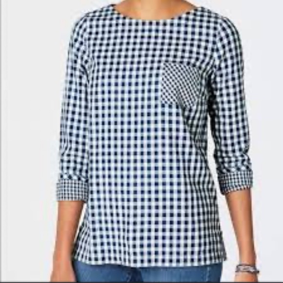 J. Jill Tops J Jill Navy White Gingham Button Back Long Sleeve Top